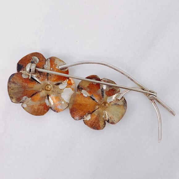 VTG Signed Stuart Nye 50s 60s Copper, Sterling Silver Double Flower Brooch Pin - Picture 5 of 13